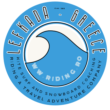 Riding.ro Lefkada Greece Logo Clear Blue wave logo with the following text embedded Lefkada - Greece Kitesurf and snowboard coaching Riding a travel adventure company