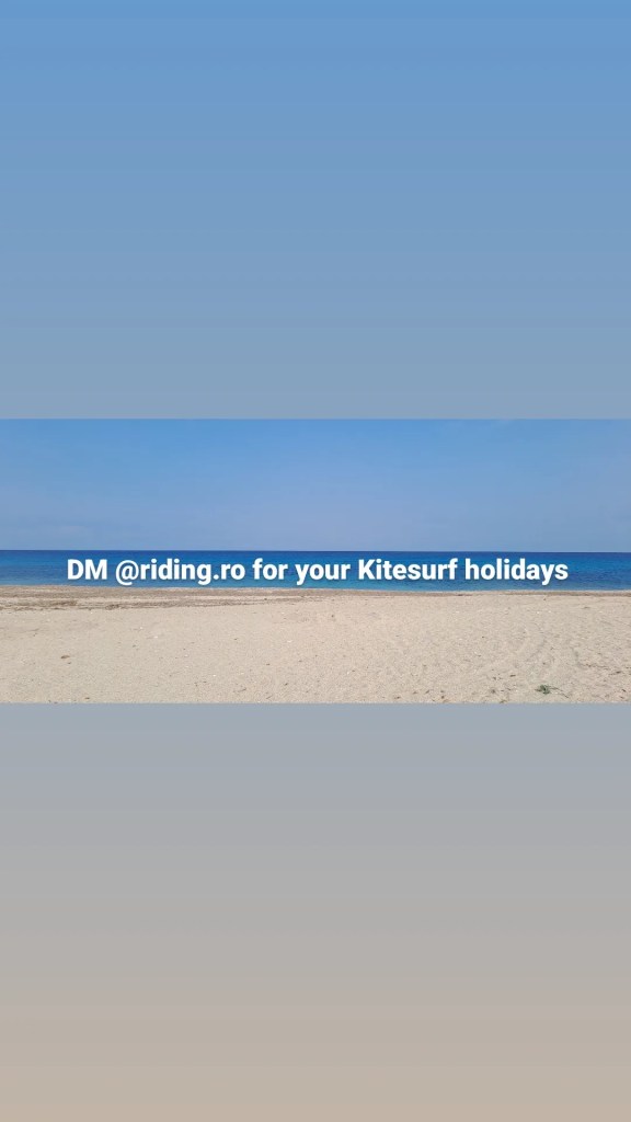 Agios Ioannis beach in Lefkada Greece with sand and blue sea and sky, with the text DM Riding.ro for your Kitesurf holidays